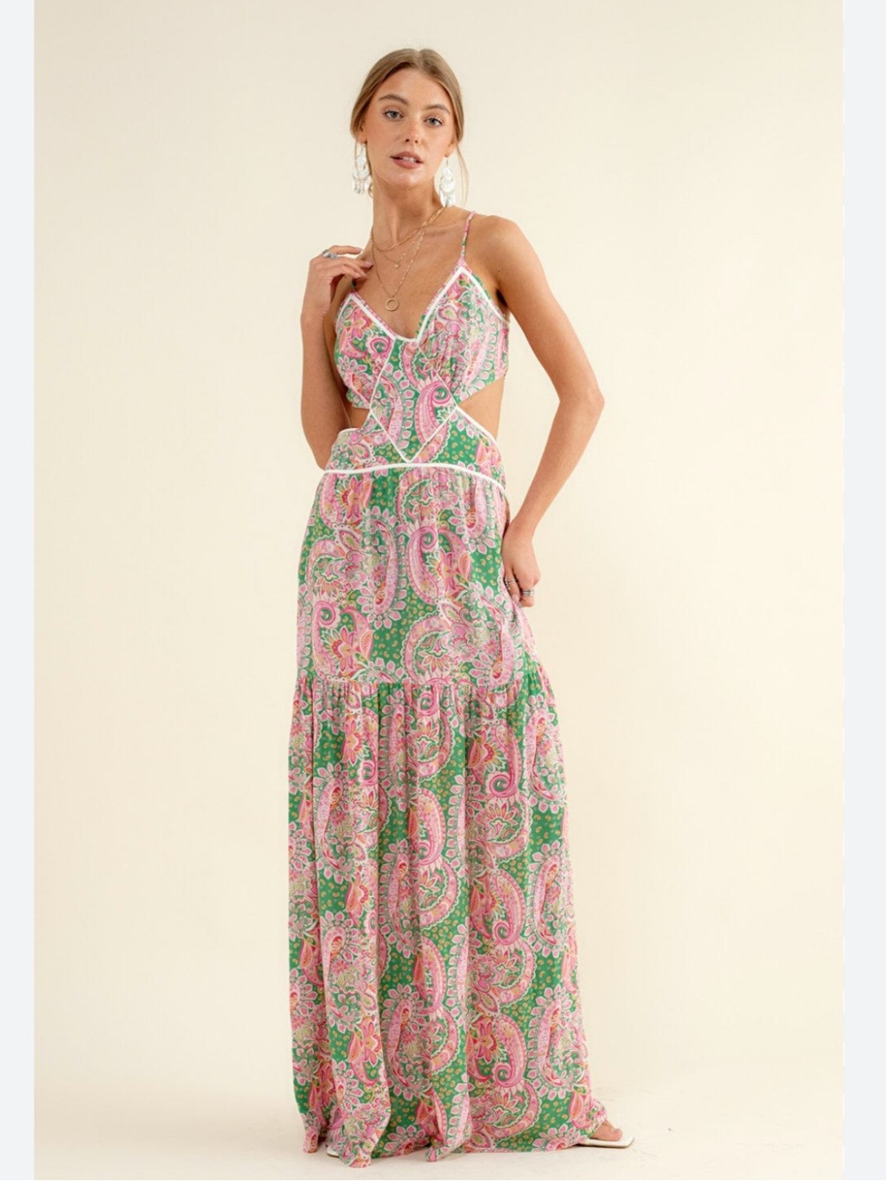 Blueb. Collection Sleeveless Pink & Green Paisley Maxi Dress with Cutouts
